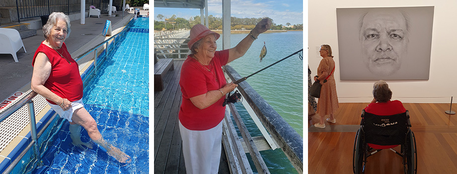 Collage of 3 photos of Shirley. First photo: Shirley posing for a photo with Southbank Gardens behind her. Second photo: Shirley holding a fishing rod with the fish she caught. Third photo: Shirley sitting in a wheelchair looking at an artwork on the wall